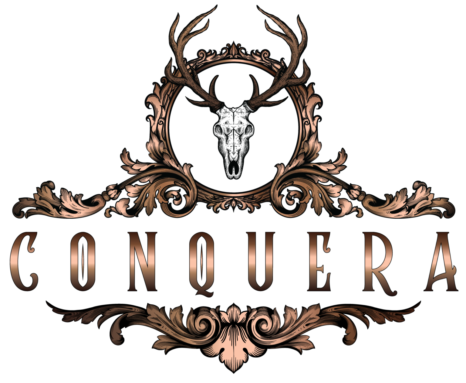 het logo van conquera, een hertenschedel met een ornament rondom de bedrijfsnaam.